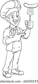 A chef or cook cartoon mascot man holding a sausage or hot dog on a barbecue fork and pointing.