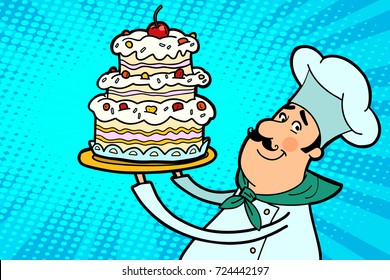 Chef cook character with cherry cake