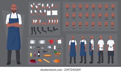 Chef, Cook Character Creation Set, Black Man Wearing Blue Apron, with Kitchen Utensils, for Mouth Animation, Lip Sync and Character Posing Vector Illustration