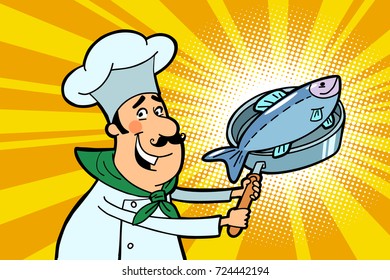 Chef cook character with roasted fish