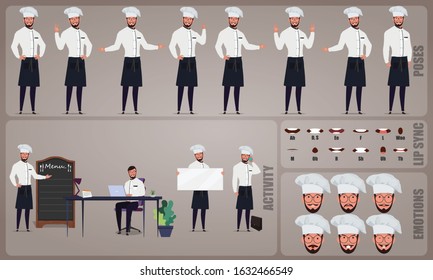 Chef or cook character Set. Collection of character body Poses, facial gestures, cooking activities and Lip syncs poses. Ready-to-use and animate, character set. Vector illustration.