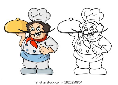 Chef cook, coloring page and colorful clipart character. Cartoon design for t shirt print, icon, logo, label, patch or sticker. Vector illustration.