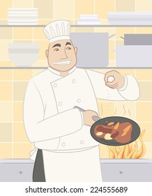 Chef cook cooking gourmet dish food in a pan vector cartoon illustration