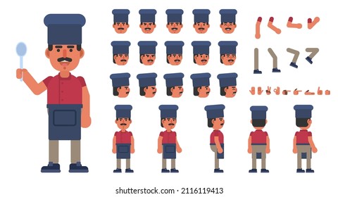 Chef cook creation kit. Create your own pose, action, animation. Modern vector illustration