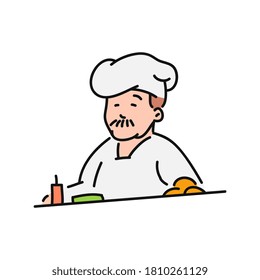 Koch oder Kulinar auf Hut Cartoon-Charakter Vektorgrafik in Skizze einzeln auf weißem Hintergrund. Gaststättenarbeiter oder Küchenarbeiter.