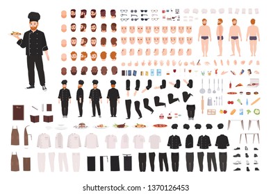 Chef, cook, culinary worker, kitchen staff DIY set or creation kit. Collection of body parts, gestures, postures, uniform. Male cartoon character. Front, side, back views. Flat vector illustration.