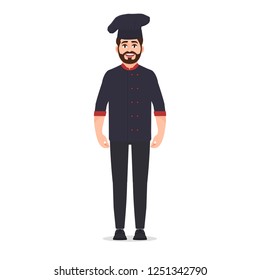 Chef cook dressed in jacket, bearded cute character, cook uniform vector illustration isolated on white background