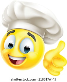 A chef or cook emoticon cartoon face in chefs hat giving a thumbs up hand gesture icon