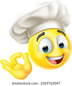 A chef or cook emoticon cartoon face in chefs hat giving a perfect or okay hand gesture icon