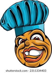 A chef or cook emoticon cartoon face in chefs hat icon