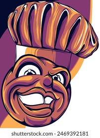 A chef or cook emoticon cartoon face in chefs hat icon