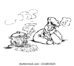 The chef cook fell asleep. Pot in which food is cooked, the food from the pot overflows. The kitchen is full of steam.  Cartoon picture with humor 