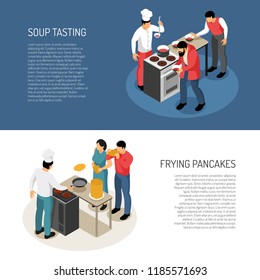 Chef cook food preparation duties 2 isometric horizontal banners with frying pancakes soup taste checking vector illustration 