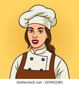 chef cook girl woman in chef hat toque pinup pop art retro vector illustration. Comic book style imitation.