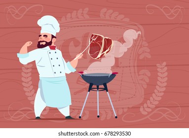 Chef Cook Grill Meat On Bbq Cartoon Restaurant Chief In White Uniform Over Wooden Textured Background Flat Vector Illustration