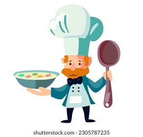 chef cook in hat with dish plate of food and big spoon with beard bow tie cartoon hand drawn flat vector illustration