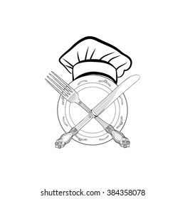 Chef cook hat with fork and knife hand drawing sketch label. Cutlery icon. Vector Catering and restaurant service insignia. Restaurant symbol chef cook hat.