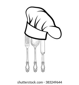 Chef cook hat with fork, spoon and knife hand drawing sketch label. Cutlery icon. Vector Catering and restaurant service insignia. Restaurant symbol chef cook hat.