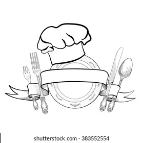 Chef Cook Hat With Fork, Spoon, Knife And  Plate Hand Drawing Sketch Label. Cutlery Icon. Vector Catering And Restaurant Service Insignia. Restaurant Symbol Chef Cook Hat.