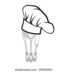 Chef cook hat with fork, spoon and knife hand drawing sketch label. Cutlery icon. Vector Catering and restaurant service insignia. Restaurant symbol chef cook hat.