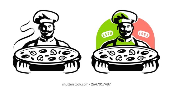 Chef cook in hat with freshly baked pizza. Italian food. Emblem, symbol for restaurant or cafe menu