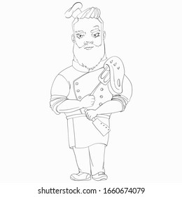 Chef in a cook hat holds a fork with a steak in one hand and a knife in the other. Line art vector cartoon character.