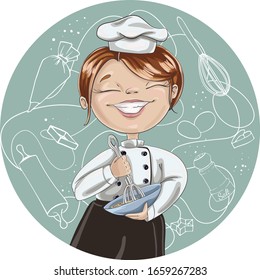 Chef in a cook hat holds a whisk and bowl. Girl kneads dough. Lettering vector illustration.