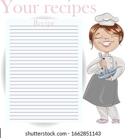 Chef in a cook hat holds a whisk and bowl. Girl kneads dough. Lettering vector illustration. Recipe card template for cookbook