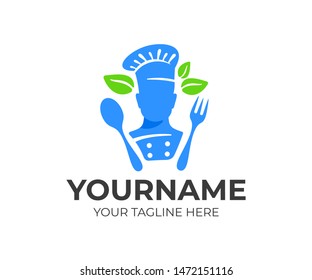 Chef in cook hat or tall baker cook, fork, spoon and leaves, logo design. Food and fast food, restaurant and eatery, vector design and illustration