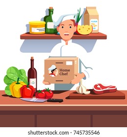 Chef Cook In Hat And Uniform Holding Meal Ingredients Kit Delivery Service Box Over Home Kitchen Countertop With Vegetables And Meat Chop Lying On Cutting Board. Flat Vector Isolated Illustration.