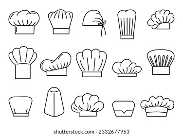 Chef cook hats logo. Chefs doodles head accessories, cooking clothes element. Kitchen or bakery symbols, restaurant neoteric vector signs