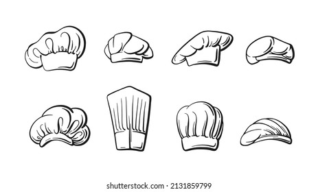 Chef, cook hats set. Vector symbol. Different black outline sketch isolated on white background. Professional uniform, headwear