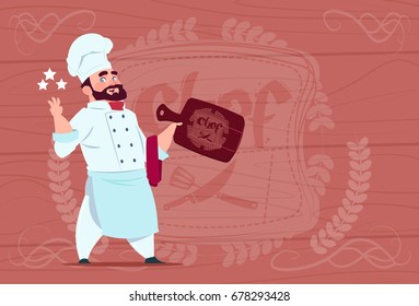Chef Cook Hold Board Smiling Cartoon Restaurant Chief In White Uniform Over Wooden Textured Background Flat Vector Illustration