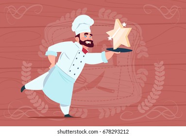 Chef Cook Hold Star Award Smiling Cartoon Restaurant Chief In White Uniform Over Wooden Textured Background Flat Vector Illustration