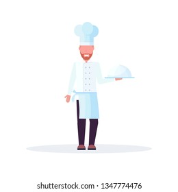 chef cook holding covered platter with dish man in uniform professional occupation food cooking concept male cartoon character full length white background