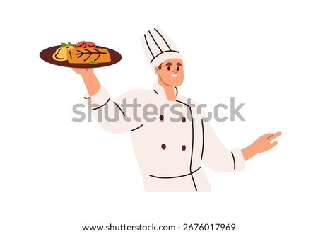 Chef cook holding dish in hand. Smiling happy male with restaurant food on plate, gourmet meal. Kitchen professional presenting, serving delicacy. Flat vector illustration isolated on white background