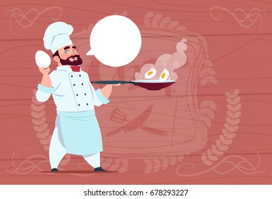 Chef Cook Holding Frying Pan With Eggs Smiling Cartoon Chief In White Restaurant Uniform Over Wooden Textured Background Flat Vector Illustration