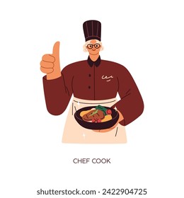 Chef cocinero sosteniendo un nuevo plato en la mano. Trabajador profesional en ese retrato, comida gourmet cocida, deliciosa comida de restaurante, gesto de pulgar arriba. Ilustración vectorial plana aislada en fondo blanco