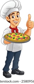 A chef cook holding a pizza cartoon food man mascot character illustration