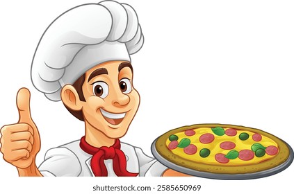 A chef cook holding a pizza cartoon food man mascot character illustration