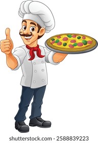 A chef cook holding a pizza cartoon food man mascot character illustration