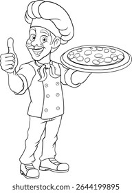 A chef cook holding a pizza cartoon food man mascot character illustration