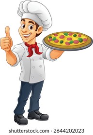 A chef cook holding a pizza cartoon food man mascot character illustration