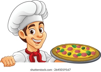 A chef cook holding a pizza cartoon food man mascot character illustration