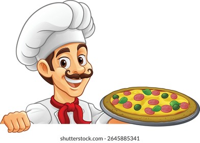 A chef cook holding a pizza cartoon food man mascot character illustration