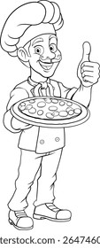 A chef cook holding a pizza cartoon food man mascot character illustration