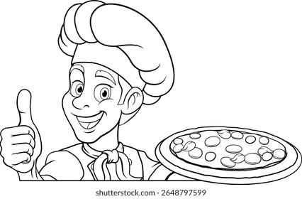 A chef cook holding a pizza cartoon food man mascot character illustration