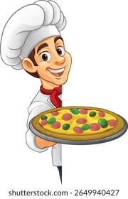 A chef cook holding a pizza cartoon food man mascot character illustration