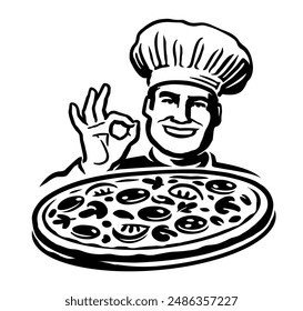 Chef cook holding pizza and giving ok delicious gesture. Italian food restaurant emblem. Vector illustration