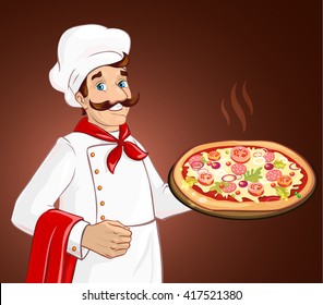 chef cook holding pizza. Vector illustration.